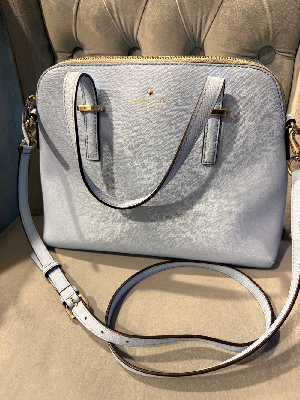 Kate Spade Light Blue Saffiano Dome Satchel with Gold Hardware